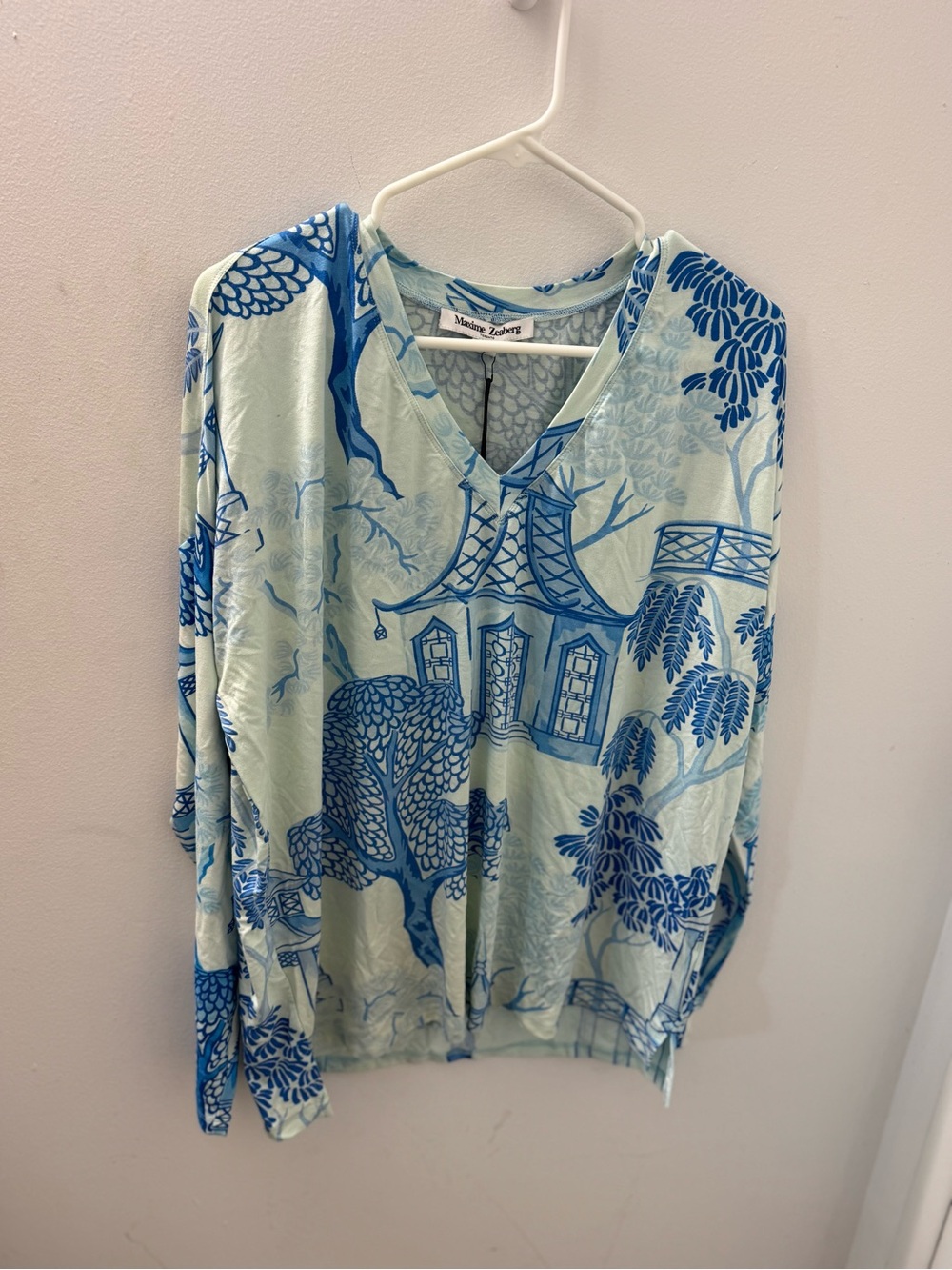Blue & Light Green Printed V-Neck Cotton Top for Women Long Sleeve Loos style 3